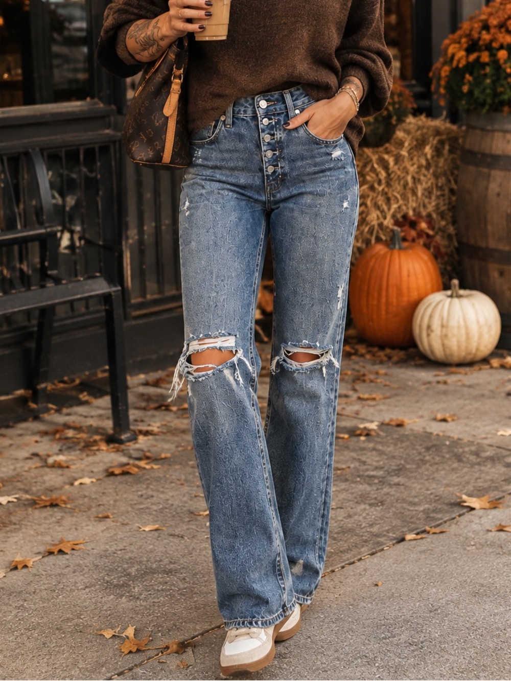 KanCan Blue High-Rise Button-Fly Distressed 90’s Flare